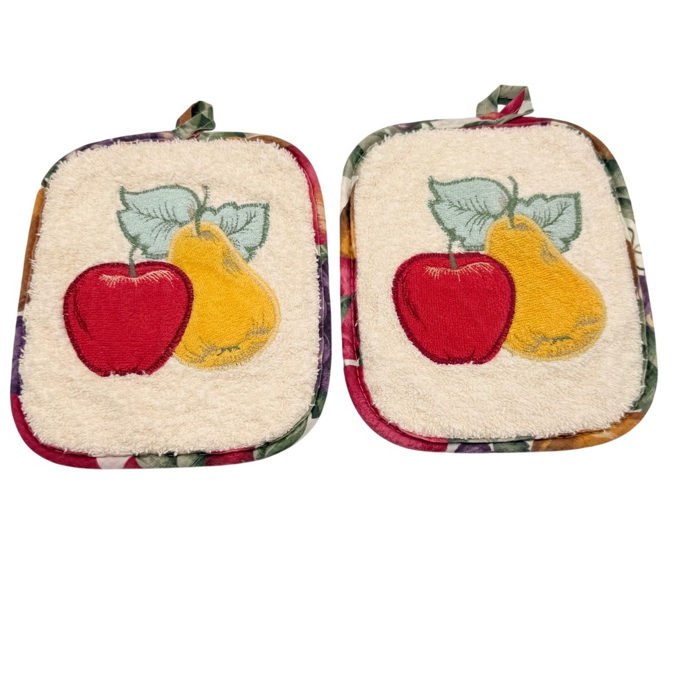 Pot Holders Set of 2 Cream Red Fruit Apple Pear Embroidery Farmhouse